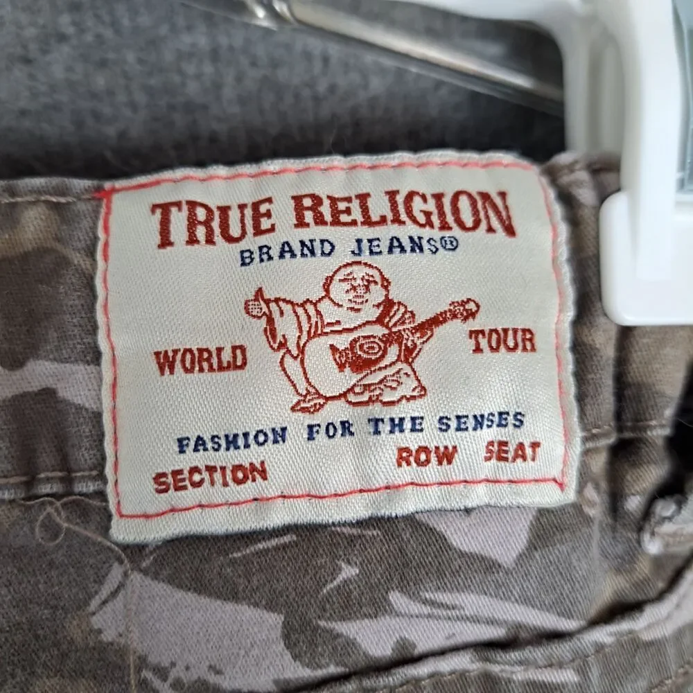 True Religion Boys Camo Cargo Pants in Tan and White with Orange Patch